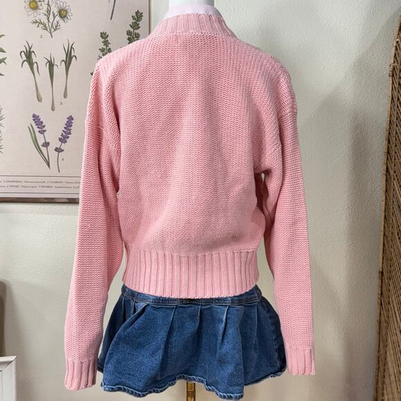 Vintage 90s Y2k Pink Cable Knit Cardigan Sweater Coquette Dolly Dollette S M - Picture 3 of 8